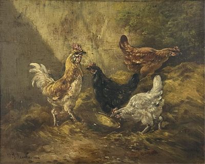 tableau représentant des poules et des coqs dans une grange, près d'un mur