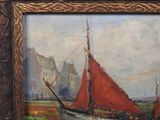 a painting of a red sailboat in the water
