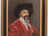 un tableau représentant un homme vêtu d'un manteau rouge et d'un chapeau noir