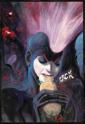 un tableau représentant une femme en train de manger un sandwich sur un fond sombre