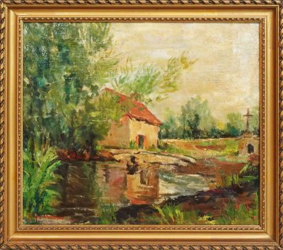 un tableau représentant une maison au bord d'une rivière, avec un pont