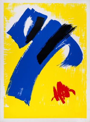 un tableau bleu et jaune sur lequel figure un poisson rouge