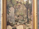 une image représentant un tableau de rochers et d'arbres dans une forêt