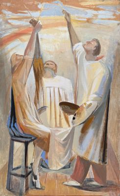 une peinture à l'huile représentant un homme et une femme assis sur une chaise