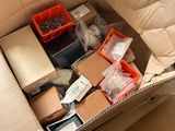 Dans une pièce, quelqu'un tient une boîte remplie d'objets divers.