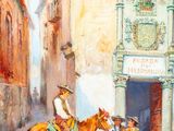 a painting of a man on a horse and a man on a horse in front of a building