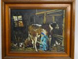 peinture d'une femme trayant une vache dans une étable