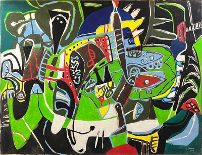 peinture abstraite représentant un groupe de personnes de différentes couleurs et tailles