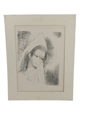 a black and white drawing of a woman in a hood