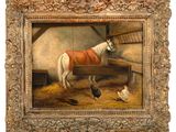 painting of a horse in a stable with chickens and chickens