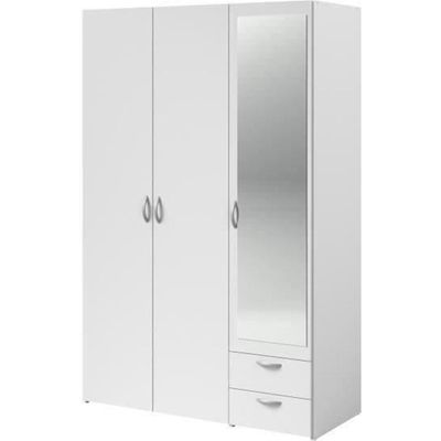 un gros plan sur une armoire blanche à deux tiroirs avec un miroir