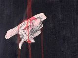 painting of a bloody hand holding a knife with blood dripping down it