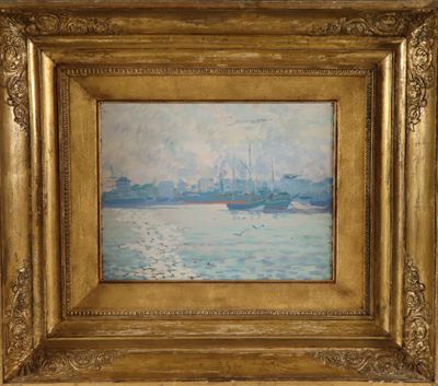 a painting of a boat in a body of water with a city in the background
