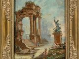 peinture représentant un paysage avec des personnages et une statue au premier plan