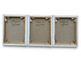 three frames with writing on them are hanging on a wall