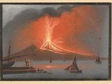painting of a volcano eruptied from the ocean with sailboats in the foreground