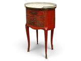 une image représentant une petite table rouge avec un plateau en marbre