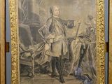 an old picture of a man standing in front of a painting