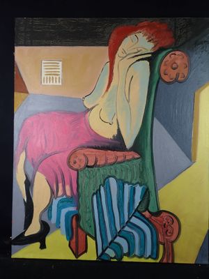 a painting of a woman sitting on a chair