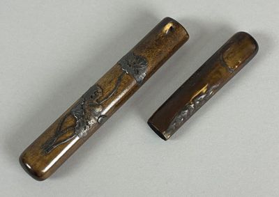 pair of antique japanese wood and metal pipe holders