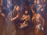 an image of a painting of a group of people surrounding a baby in a manger