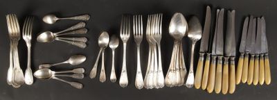 many forks and spoons laid out on the table