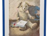 tableau représentant un ours en peluche assis par terre à côté d'un livre