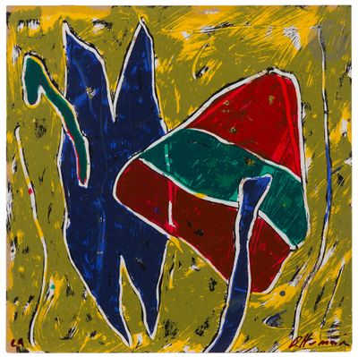 an abstract painting of a bird with a red, green, and blue tail