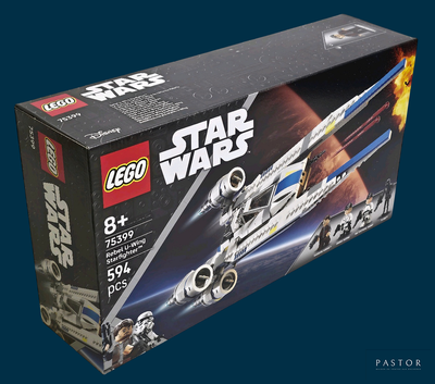 une boîte contenant des sets Lego Star Wars sur fond bleu