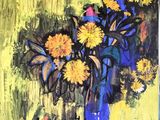 a painting of flowers in a blue vase on a table