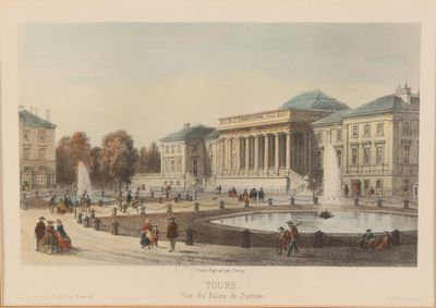 tableau représentant un grand bâtiment avec une fontaine devant