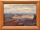 an oil painting of a view of a town from a window