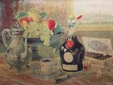 a painting of a bottle of wine and a cup of coffee on a table