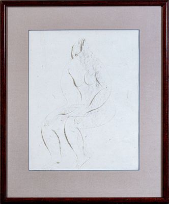 dessin représentant une femme assise sur un tabouret dans une pièce