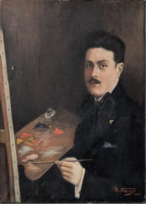 portrait d'un homme tenant une palette et un pinceau devant un chevalet