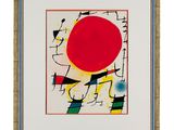 an abstract painting with a red circle on a white background