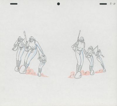 deux dessins représentant un homme et une femme, une arme à la main