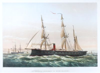 peinture représentant un navire en mer avec le ciel en arrière-plan