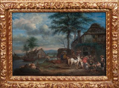 painting of a village scene with a horse drawn carriage and a group of people on the road