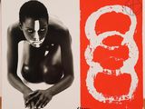 an image of a painting of a woman with a red background and a black and white picture of a woman