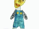 une sculpture en papier mâché représentant un homme portant un chapeau et une salopette