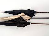 several umbrellas are lined up on a white surface with a black umbrella