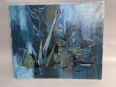 une peinture représentant une peinture d'un bateau et d'une cage à oiseaux