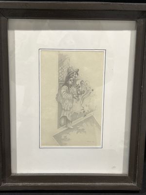 dessin encadré représentant un homme et une femme assis sur un banc