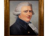 une peinture à l'huile représentant un homme vêtu d'un manteau bleu et aux cheveux blancs