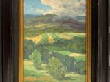 une peinture à l'huile représentant un paysage avec des collines au loin