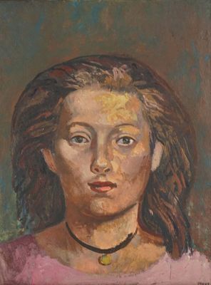 tableau représentant une femme aux cheveux longs, portant un collier autour du cou