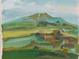 an image of a painting of a green hill with trees on it