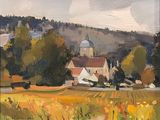 an oil painting of a farm scene with a church in the distance