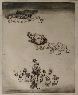 a drawing of a group of chickens in a field